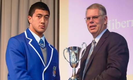 Hibernian Society Vice President, Phiip Horan present Phil Peni, Captian of the St Patrick's College Wellington 1st XV with the Hibernian Cup for 2012. (Photo Courtesy of Iwar Treskon)